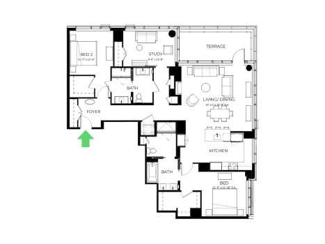 Floor plan for 2 beds, 2.5 baths, 1787 sqft